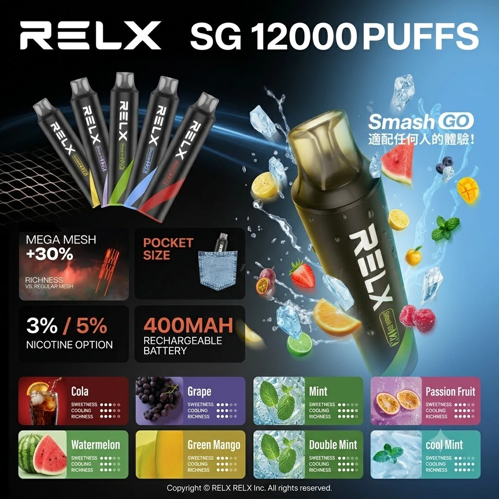 RELX Smash Go 12000 一次性電子煙 | 悅刻拋棄式電子煙推薦首選 · 超強續航 · 穩定功率